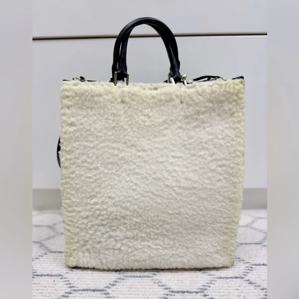 JIL SANDER Quiet Luxury Rare Leather-Trimmed Shearling Tote Bag W Shoulder Strap